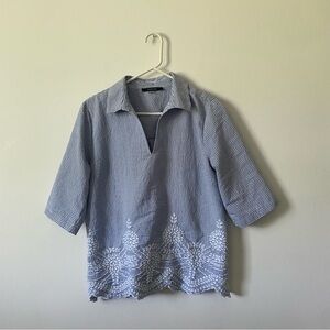 August Silk Navy Striped Collared Embroidered Floral Blouse M